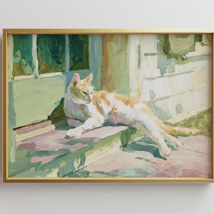 Duży oprawiony pastelowy rudy kot Fine Art Print | Duża sztuka ścienna | Słodka, dziwaczna, kapryśna | Dziewczęca różowa sztuka ścienna | Modny prezent w postaci sztuki ściennej