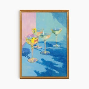 大きな額入りパステルマティーニフライト油絵ファインアートプリント | キュートで風変わりな気まぐれ | カクテルアートバーカート装飾 | トレンディなウォールアートギフト
