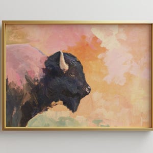 大きな額入りパステルバッファロー油絵アートプリント | 大きな額入りアート | モダン風景壁アート | ニュートラルアートプリント | トレンディな壁アートギフト
