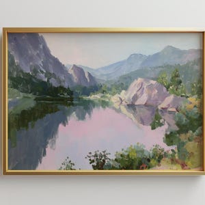 Impresión artística de pintura al óleo de lago de montaña enmarcada grande / Arte enmarcado grande / Arte mural de paisaje moderno / Impresión artística neutra / Regalo de arte mural moderno
