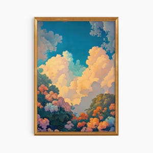 マキシマリストパステルクラウド油絵アートプリント | 大きな額入りアート | キュートで風変わりな気まぐれ | ニュートラルアートプリント | トレンディなホームウォールアートギフト