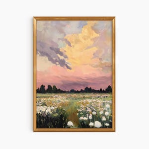 Large Framed Floral Meadow Oil Painting Art Print | Cute Quirky Whimsical | Girly Pink Wall Art | Trendy Wall Art Gift | Gold Framed Art