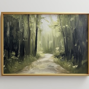 Framed Green Wooded Trail Art Print: Modern Landscape with Gold Frame