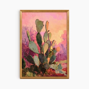 Grote ingelijste pastelcactus olieverfschilderij kunstafdruk | Grote ingelijste kunst | Schattig eigenzinnig grillig | Neutrale kunstafdruk | Trendy wanddecoratie cadeau