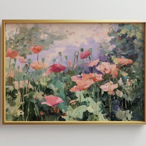 大きな額入りペチュニア畑の油絵アートプリント | キュートで風変わりな気まぐれ | ガーリーなピンクのウォールアート | トレンディなウォールアートギフト | ゴールドの額入りアート