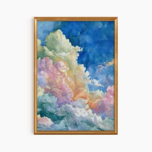大きな額入りパステルカラーの雲の油絵アートプリント | 大きな額入りアート | キュートで風変わりな気まぐれ | ニュートラルなアートプリント | トレンディなホームウォールアートギフト