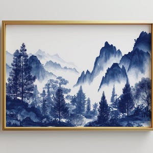 Large Framed Chinoiserie Mountainscape Art Print | Large Framed Art | Modern Landscape Wall Art | Neutral Art Print | Trendy Wall Art Gift