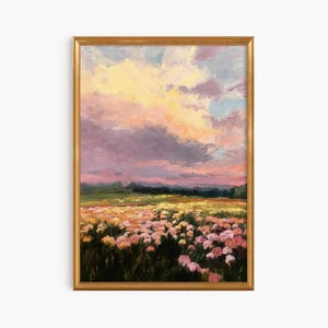 Large Framed Flowery Field at Sunset Oil Painting Fine Art Print | Cute Quirky Whimsical | Girly Pink Wall Art | Trendy Wall Art Gift