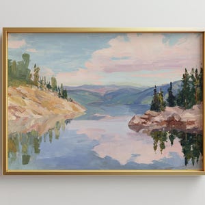 Impresión artística de pintura al óleo de lago de montaña enmarcada grande / Arte enmarcado grande / Arte mural de paisaje moderno / Impresión artística neutra / Regalo de arte mural moderno