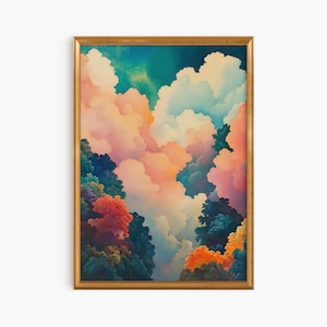 大きな額入りパステルカラーの雲の油絵アートプリント | 大きな額入りアート | キュートで風変わりな気まぐれ | ニュートラルなアートプリント | トレンディなホームウォールアートギフト