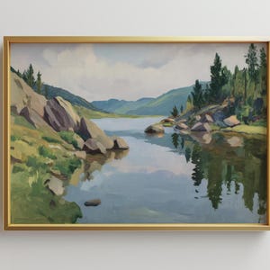 Impresión artística de pintura al óleo de lago de montaña enmarcada grande / Arte enmarcado grande / Arte mural de paisaje moderno / Impresión artística neutra / Regalo de arte mural moderno
