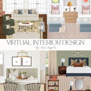 May include: A digital collage titled VIRTUAL INTERIOR DESIGN By Nixon Design Co, showcasing four distinct room layouts including a living room, a twin bedroom, a dining nook, and a primary bedroom, featuring furniture, decor, and color palettes.