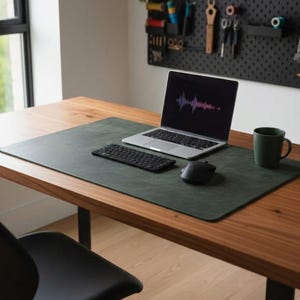 Könnte beinhalten: Ein moderner Schreibtisch mit einer dunkelgrünen Schreibtischunterlage. Ein Laptop zeigt eine Grafik einer Schallwelle, dazu eine schwarze Tastatur, Maus und eine grüne Tasse. Ein schwarzer Stuhl ist im Vordergrund.