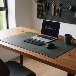 May include: A modern office desk setup featuring a laptop displaying a sound wave, a wireless keyboard, and a mouse on a green desk mat. A green mug sits to the right. The desk is made of wood and has a black metal frame.