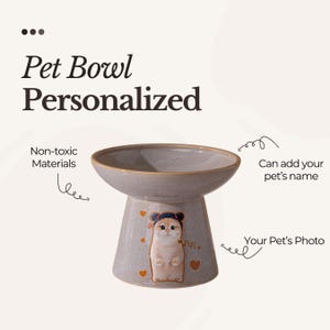 Puede incluir: Un cuenco personalizado para mascotas con acabado cerámico gris. El cuenco presenta una base elevada con una ilustración de gato de dibujos animados y el texto "PiPi". El cuenco está etiquetado como "Materiales no tóxicos" y "Puede añadir el nombre de su mascota".