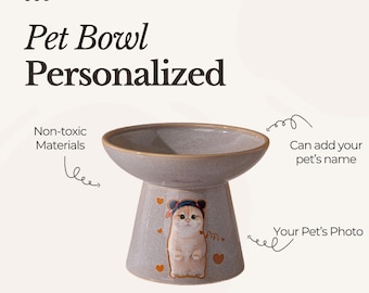 Personalized Elevated Ceramic Pet Bowl, Raised Ceramic Cat Dog Portrait Bowl, Cat Dog Food Bowl for Small dog, Pet Gift for Cat Lover