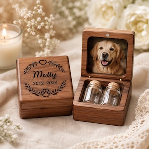 Caja conmemorativa grabada para mascotas, urna de madera personalizada para cenizas de perro o gato, foto de pelo.