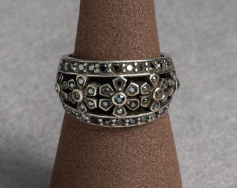 Vintage Art Deco Sterling Silver Marcasite Flower Ring, Size 6