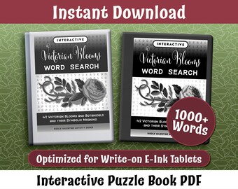 Könnte beinhalten: Zwei schwarz-weiße druckbare Wortsuchrätselbücher mit dem Titel "Victorian Blooms Word Search". Das Cover zeigt eine schwarz-weiße Illustration einer Rose und Blätter. Der Text "1000+ Wörter" ist in Rot auf einem weißen Kreis. Der Text "Optimiert für E-Ink-Tablets zum Schreiben" ist in Rot auf weißem Hintergrund. Der Text "Interaktives Rätselbuch PDF" ist in Schwarz auf weißem Hintergrund.