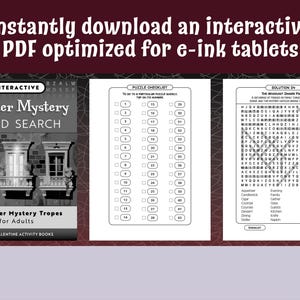 May include: A black and white printable murder mystery word search puzzle with a checklist and solution. The puzzle features 42 murder mystery tropes for adults. The title is "Murder Mystery Word Search".