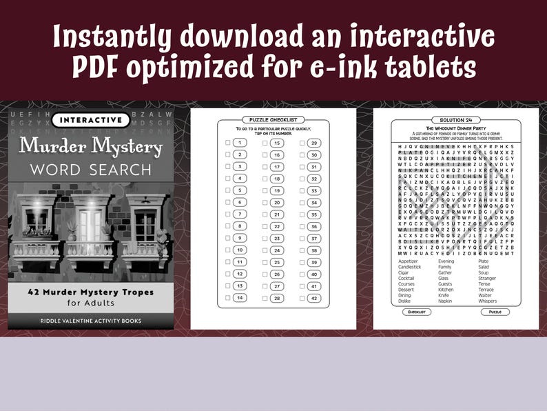 May include: A black and white printable murder mystery word search puzzle with a checklist and solution. The puzzle features 42 murder mystery tropes for adults. The title is "Murder Mystery Word Search".