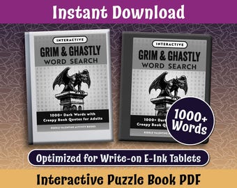 Grim & Ghastly Word Search Puzzle Book for Adults: 1000+ Unique Dark Words to Find with Creepy Book Quotes - for E-Ink Writing Tablets