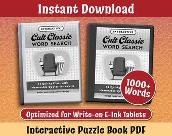Könnte beinhalten: Zwei Schwarzweißbilder eines Kinosessels mit Popcorn und einem Getränk. Der Text "Interactive Cult Classic Word Search" befindet sich auf beiden Bildern. Der Text "42 Quirky Films with Memorable Quotes for Adults" befindet sich auf dem linken Bild. Der Text "1000+ Words" befindet sich auf dem rechten Bild. Der Text "Optimiert für E-Ink-Tablets zum Schreiben" befindet sich unter den Bildern. Der Text "Interaktives Rätselbuch PDF" befindet sich unter dem vorherigen Text.