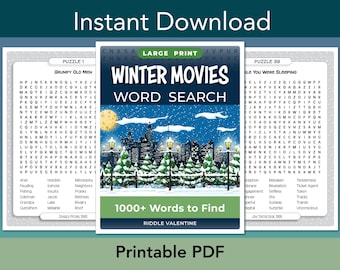 May include: A large print word search puzzle book cover titled Winter Movies Word Search with 1000+ Words to Find. The cover features a snowy city skyline at night with street lamps, pine trees, and a full moon. Two puzzle pages are visible.