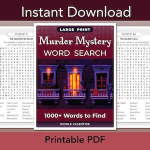 Puede incluir: Una portada de libro de sopa de letras Murder Mystery con una fachada oscura y tres balcones iluminados, titulada Large Print Murder Mystery Word Search con 1000+ Words to Find de Riddle Valentine, flanqueada por dos páginas de acertijos.