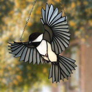 Chickadee Stained Glass Suncatcher: Handmade Bird Window Hanging