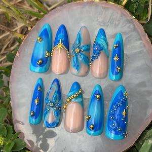 Tidal Divinity | Blue Press on Nails | Aura Press ons | Flower Press on Nails | 3D Flower Press on Nails | 3D Nail art