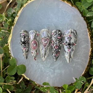 Cathedral Hearts | Silver Chrome Press on Nails | Alternative Press Ons | Dark Glam Nails | Cross Press on Nails | Goth Press on Nails