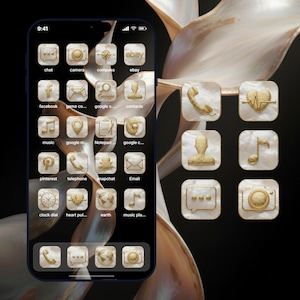 May include: A smartphone screen showcases a custom app icon set with a pearlised, gold-toned aesthetic. The icons include chat, camera, compass, and social media apps. The background is a dark, abstract design with a pearlescent effect.