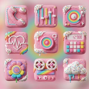 May include: Nine pink, square-shaped icons with white frosting and colorful sprinkles. The icons depict a telephone, sound mixer, record player, heartbeat, camera, calculator, flower, film reels, and a cloud.