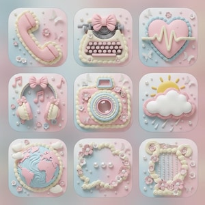 May include: A collection of nine pastel-colored, square-shaped icons with a 3D effect. Each icon features a different design, including a telephone, typewriter, heartbeat, headphones, camera, sun and cloud, globe, floral frame, and a harp. The icons are decorated with bows, flowers, and other decorative elements.