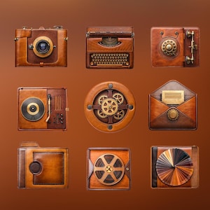 May include: A collection of nine brown leather-textured icons with a steampunk aesthetic. The icons include a camera, typewriter, telephone, record player, gears, envelope, file folder, film reel, and color palette.