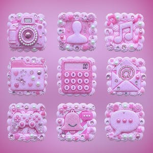 May include: Nine pink, square icons with a decorative, frosting-like border. The icons depict a camera, a user profile, musical notes, a file folder, a calculator, an email envelope, a game controller, a bell, and a speech bubble.