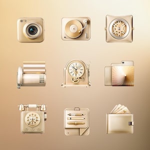Puede incluir: Nueve iconos de color dorado que representan varios artículos vintage, incluyendo una cámara, un tocadiscos, un reloj, un teléfono, una cartera y una caja registradora. Los iconos están dispuestos en una cuadrícula sobre un fondo dorado claro.