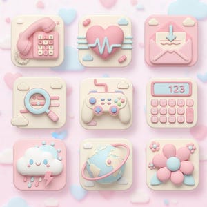 Może przedstawiać: Kolekcja dziewięciu pastelowych ikon 3D na różowym tle. Ikony obejmują telefon, serce z biciem serca, kopertę, lupę, kontroler do gier, kalkulator, chmurę z deszczem i błyskawicami, globus i kwiat.