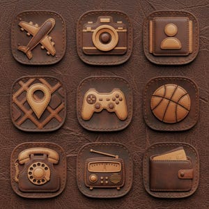 Könnte beinhalten: Eine Sammlung von neun braunen Leder-App-Symbolen mit hellbraunen Akzenten. Die Symbole zeigen ein Flugzeug, eine Kamera, ein Benutzerprofil, eine Standortmarkierung, einen Gamecontroller, einen Basketball, ein Telefon, ein Radio und eine Brieftasche.