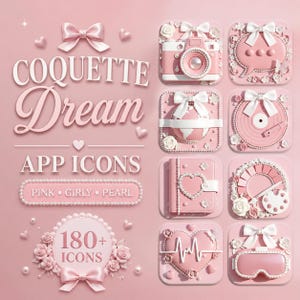 Pode incluir: Um conjunto de ícones de aplicativos rosa com o tema "Coquette Dream". Os ícones apresentam laços, pérolas e detalhes florais, com designs que incluem uma câmera, um balão de fala, um globo, um disco, um diário e um monitor cardíaco. O texto "Pink, Girly, Pearl" e "180+ Icons" também está presente.