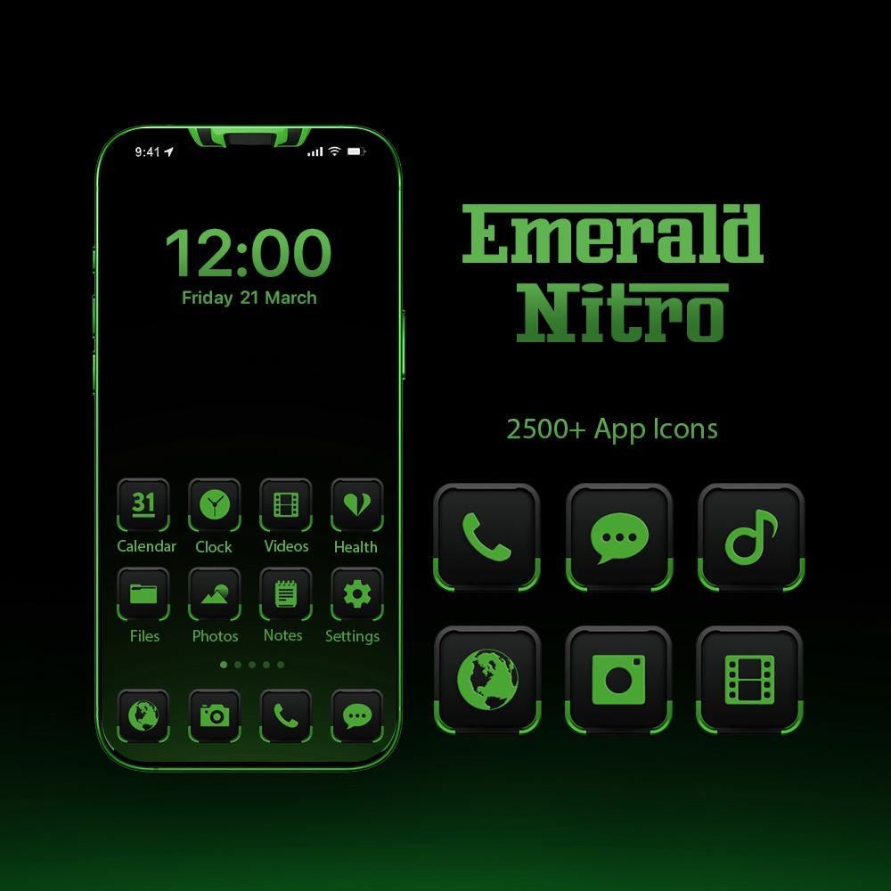 Emerald Nitro Icon Pack: Sci-fi Green & Black Theme (2500+ App