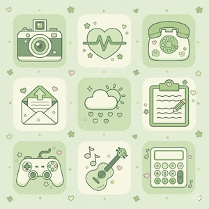 May include: Nine green and white illustrated icons on a light green background. The icons include a camera, a heart with a pulse line, a telephone, an envelope, a cloud with hearts, a clipboard, a game controller, a ukulele, and a calculator.