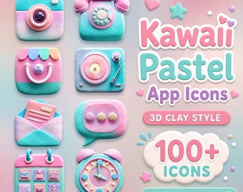 Iconos de aplicaciones Kawaii Pastel: Estilo arcilla 3D - iOS y Android (Descarga digital)