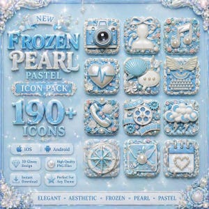 May include: A digital icon pack with a pastel blue and white color scheme. The pack includes 190+ icons with a 3D glossy design. The icons feature various designs, including a camera, heart, seashell, and musical note. The text on the image says "Frozen Pearl Pastel Icon Pack".