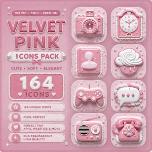 May include: A pink graphic design featuring a collection of 3D-rendered icons. The icons include a camera, clock, address book, cupcake, game controller, speech bubble, radio, and telephone. Text includes "VELVET PINK ICONS PACK" and "164 ICONS".