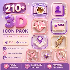 Könnte beinhalten: Sammlung glänzender 3D-Icons in Rosa-, Lila- und Goldtönen, darunter Kamera, Herz, Radio und Flugzeug. Text enthält "210+ Premium Icons" und "3D Glossy Design". Icons für iOS und Android.