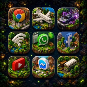 May include: A grid of nine square icons rendered in a voxel art style. The icons depict a Chrome sphere, an aeroplane, a race car, a Wi-Fi symbol, a WhatsApp logo, a Facebook logo, a YouTube play button, a Messenger icon, and a bus in a landscape.