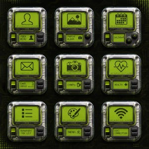 May include: A grid of nine square digital interface icons with a transparent casing and a bright green screen. Each icon displays a unique pixelated graphic and text labels including User Menu, Photos Album, Calendar, Email Inbox, Camera, Health, Reminders Task List, Themes, and Wifi Connection.