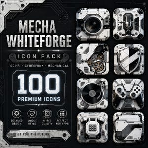 Op de afbeelding: Een digitale afbeelding met een "MECHA WHITEFORGE ICON PACK" met 100 premium iconen. De iconen hebben een sci-fi, cyberpunk en mechanisch thema. De iconen omvatten een camera, microfoon, tandwielen, schild, platenspeler, gamecontroller, telefoon en bestand.